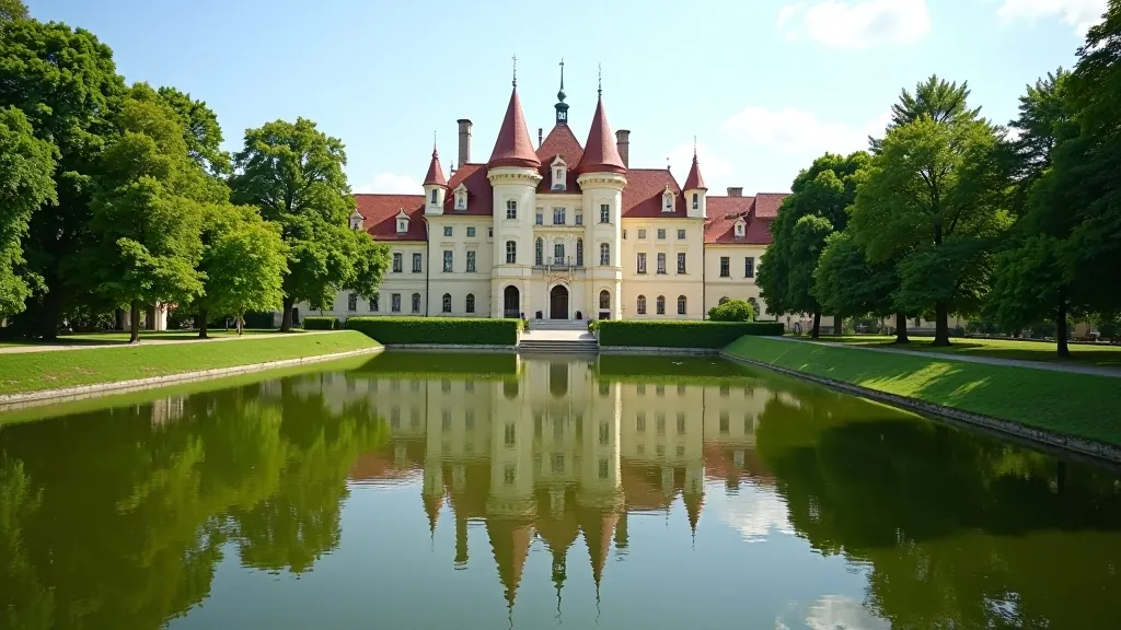 Lednice Castle with baroque architecture reflected in water, surrounded by manicured gardens and trees