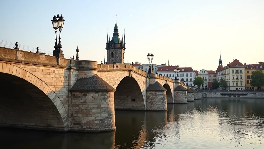 Charles Bridge view from riverside with medieval towers and stone architecture reflected in calm river water, morning light