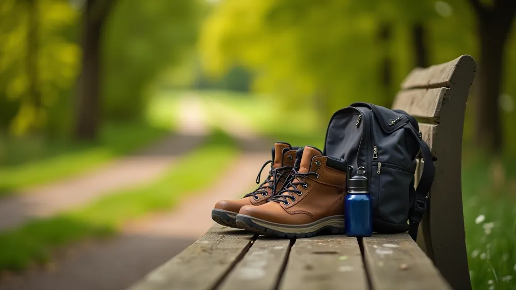 Walking boots and backpack on wooden bench with countryside path visible in soft-focus background