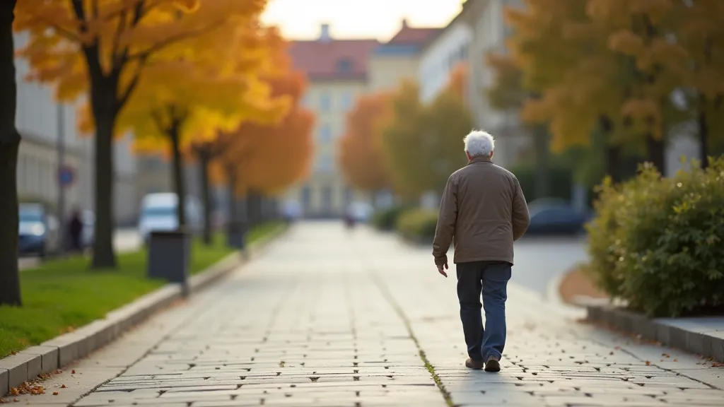 Older adult walking on accessible urban pathway with smooth paving stones and clear sidewalk, pleasant city setting with buildings in background