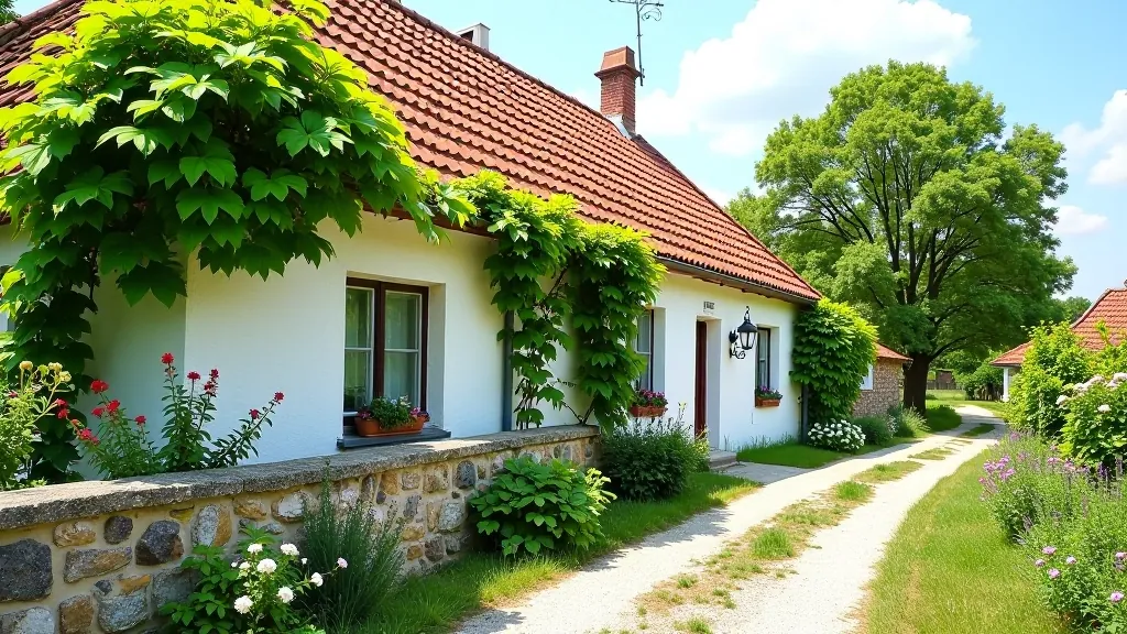 Traditional white-washed cottage in South Moravia with vine-covered walls and flowering gardens