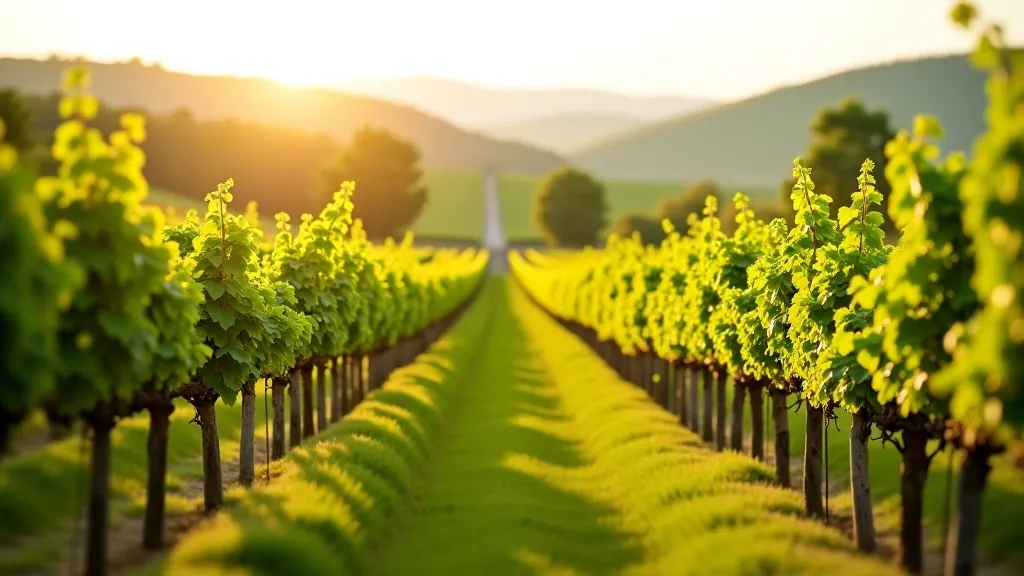 Vineyard rows in South Moravia with grapevines and wooden posts during golden hour light