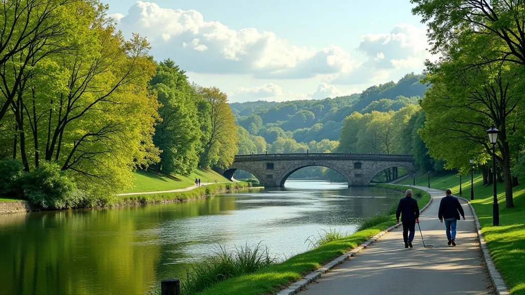 Vltava River with bridges and green riverbank paths