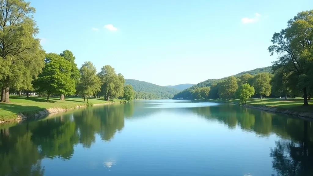 Vranov Reservoir with calm water reflecting blue sky and forested shoreline in afternoon light